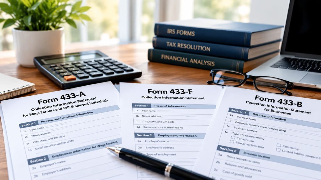 IRS Forms 433-A, 433-F and 433-B arranged on a desk for financial review
