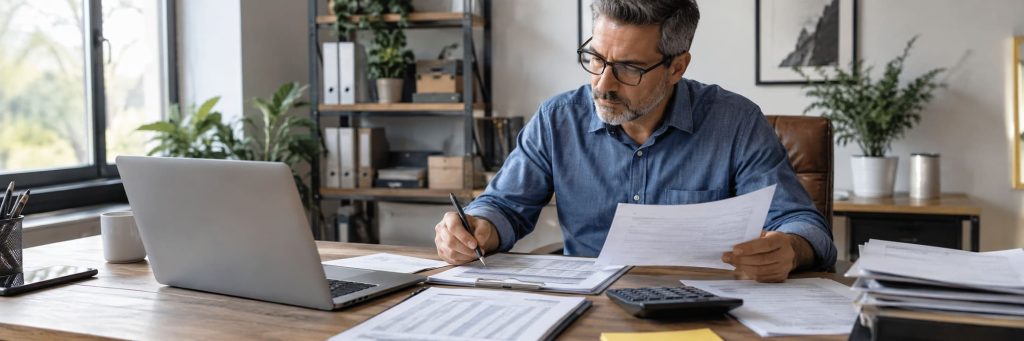 Business owner reviewing payroll tax documents and Form 941 payment options