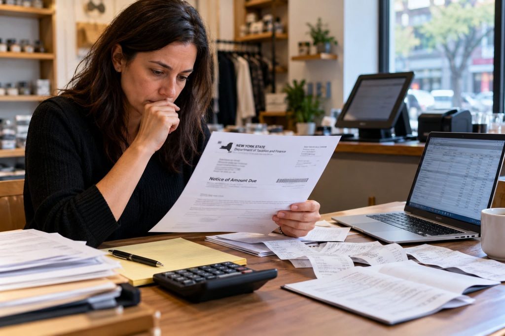 Small-business owner reviewing New York sales tax paperwork, receipts, and financial records in a retail office.