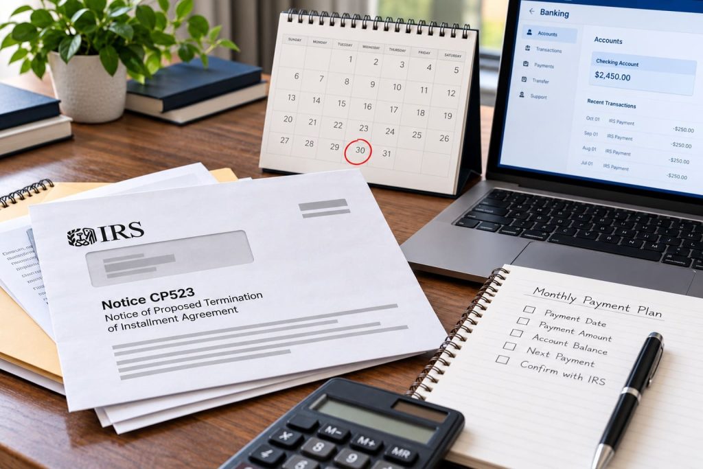 IRS CP523 notice with a payment calendar, banking records, and monthly payment checklist
