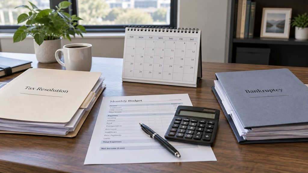 Tax resolution and bankruptcy folders on an office desk, with a financial worksheet, calculator, and calendar between them.